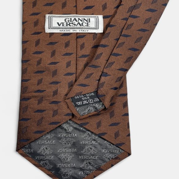 Gianni Versace Silk Tie Geometric Brown Office Business Formal Designer Italy - Picture 4 of 6